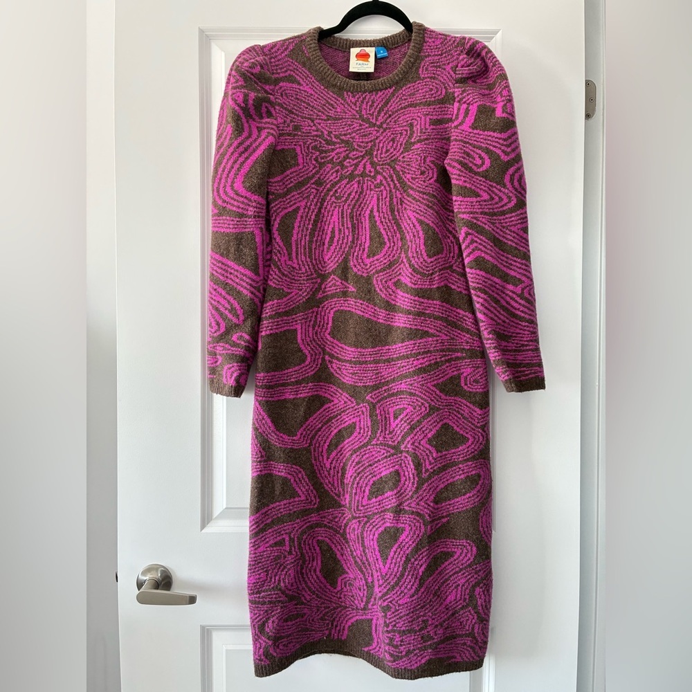 Farm Rio x Anthropologie Size M Long-Sleeve Jacquard Sweater Midi Dress - Picture 4 of 10
